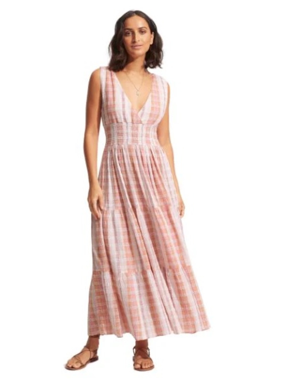 Sleeveless Textured Plaid V-Neck Maxi Dress